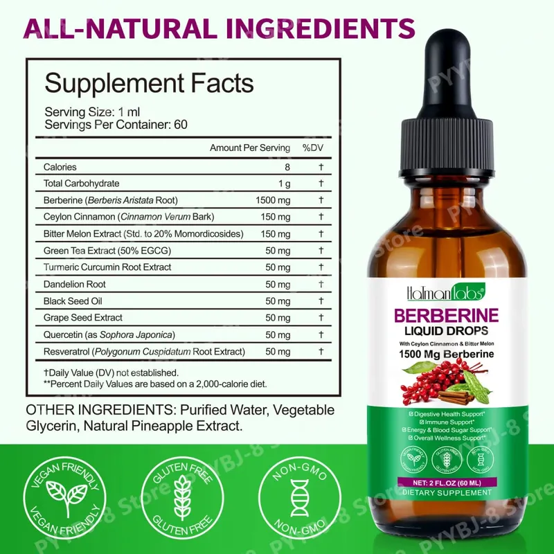 Holmanlabs Berberine Liquid Drops with Ceylon Cinnamon and Bitter Melon Digestive Health Support 1500 Mg Vegan Non-GMO 60 ML — image 2