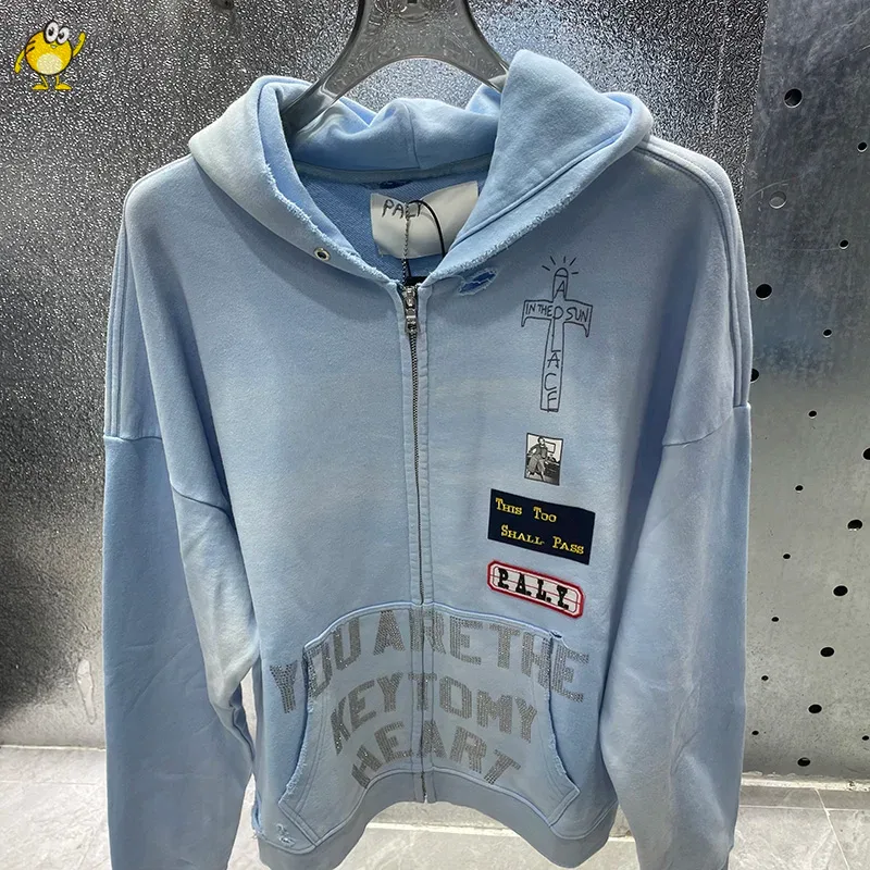 Washed Blue PALY Hoodies Men Woman Vintage Damaged Hole Old Casual High Quality Hip Hop Fashion Zipper Sweatshirts — image 23