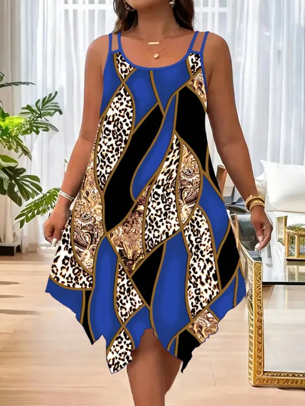 Plus-size women's fashion asymmetrical geometric stripes printed double strap dress — image 8