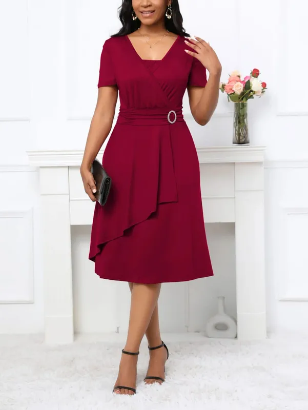 Womens Short Sleeve Summer Square Neck Casual Wrap Fit And Flare Solid Color Swing Midi Dress — image 7