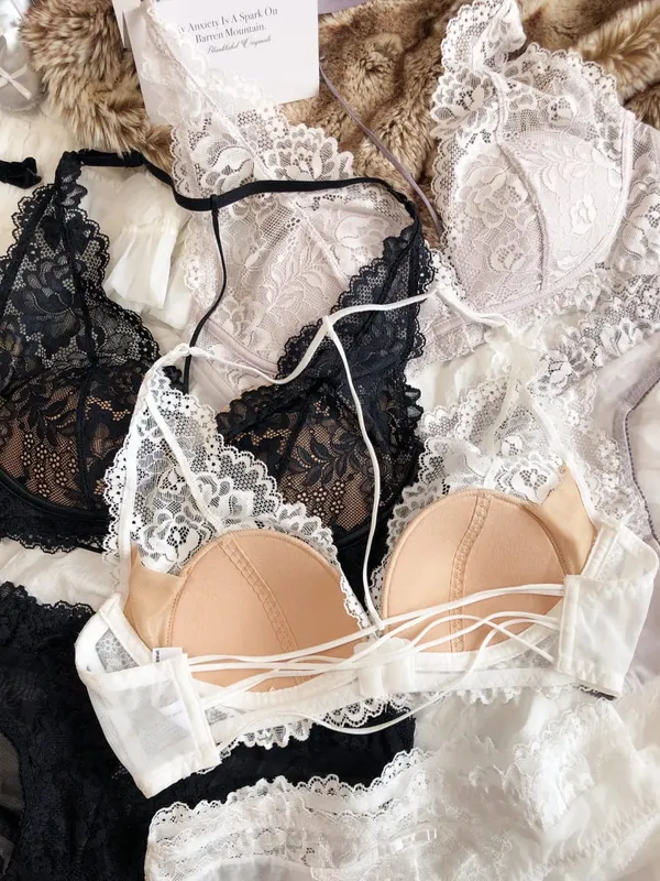 Sexy rendas bordado conjunto de lingerie feminina francês copo fino halter bikini sutiã alta qualidade push up bralette sem costas conjunto roupa interior — image 6