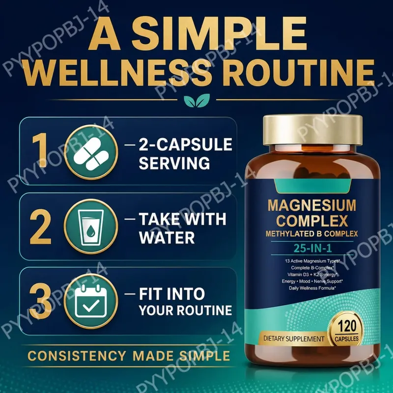 25-in-1 Magnesium Complex with Glycinate Citrate Malate Vitamin D3 K2 B12 Methylfolate for Relaxation Energy Nerve 120 Capsules — image 6