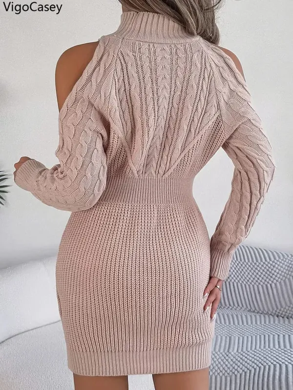 VigoCasey 2026 Women Casual Short Knit Dress Autumn Winter Hollow Long Sleeve Bodycon Dress Lady Pink High Neck Knitted Dresses — image 6