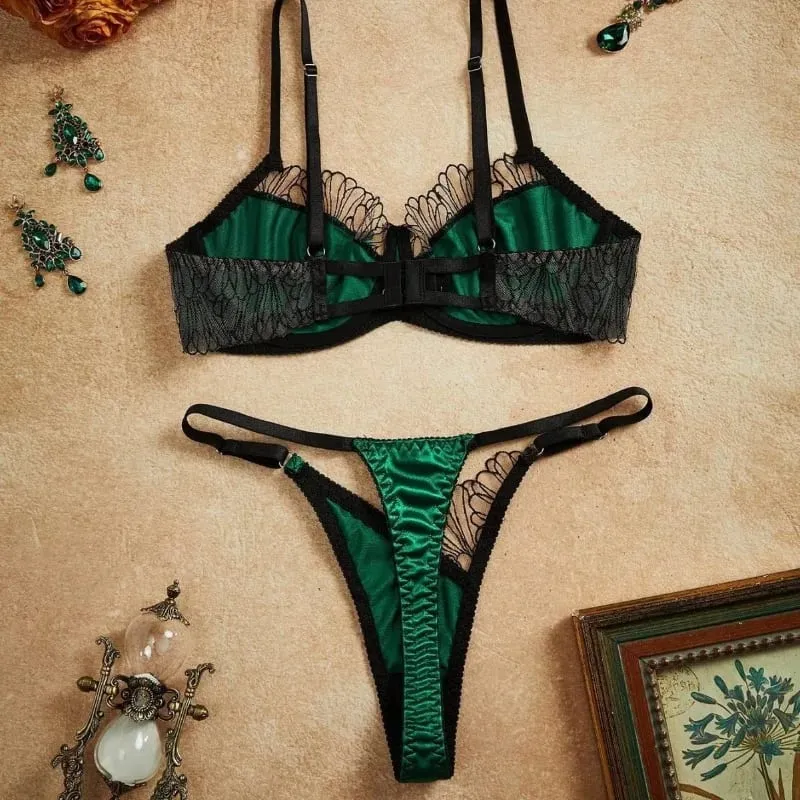 Ultra Sexy Lingerie Set Women Retro Vintage French Satin Splicing Embroidery Bra Thong Panties Erotic Underwear Suit 2026 New — image 3