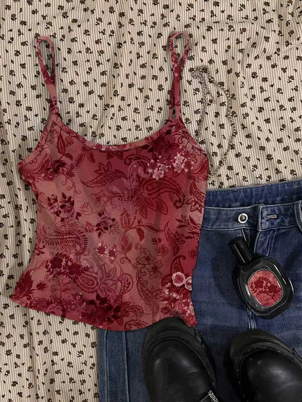 Vintage Floral Pattern Red Sexy Vest Women's Short Top — image 4