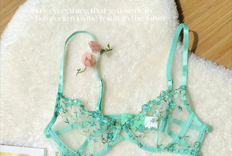 Kawaii Japanese Lingerie Set Sheer Tulle Pink Floral Embroidery Bra Bralette sek-si Pure Matching Set BANERDANNI Tushy Bras — image 7