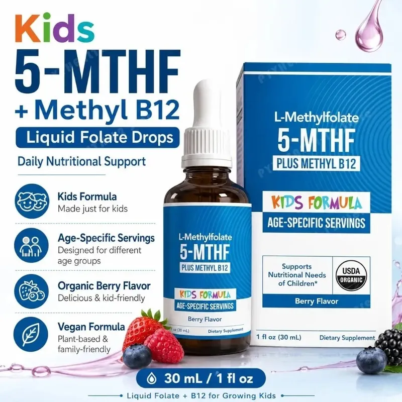 Kids L-Methylfolate 5-MTHF Drops with Methyl B12 Organic Berry Flavor Liquid Folate Supplement for Children Vegan Formula 30ml — image 1