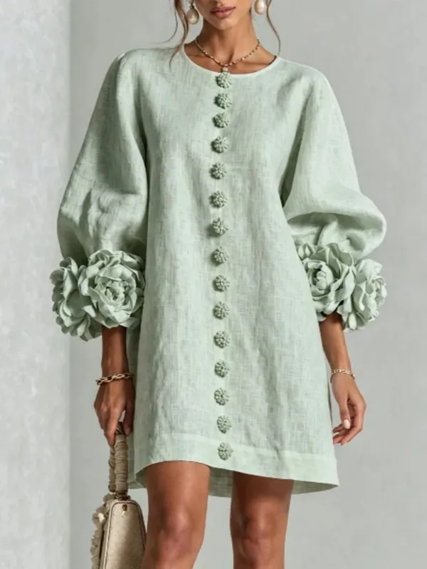 Women Linen Mini Dress O Neck Puff Long Sleeve 3D Flower Cuff Decor Flower Button Loose Casual Short Dresses for Party Vacation — image 8