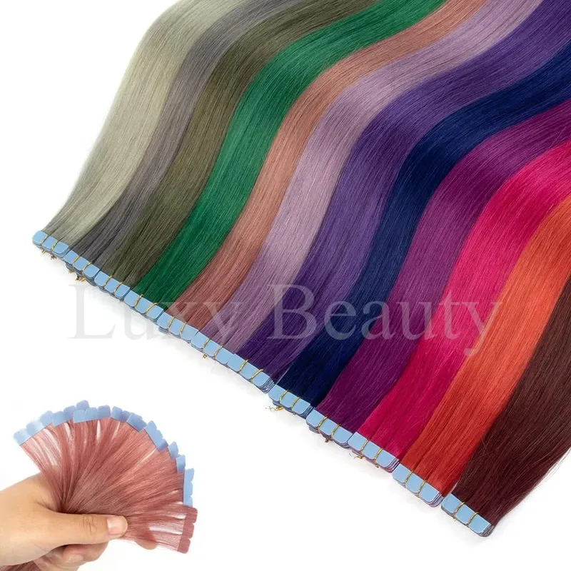 Colored Pink Mini Tape in Human Hair Extensions Invisible Seamless Tape in Hair 10pcs Pink Red Green Purple Blue Mini Tape Hair — image 3