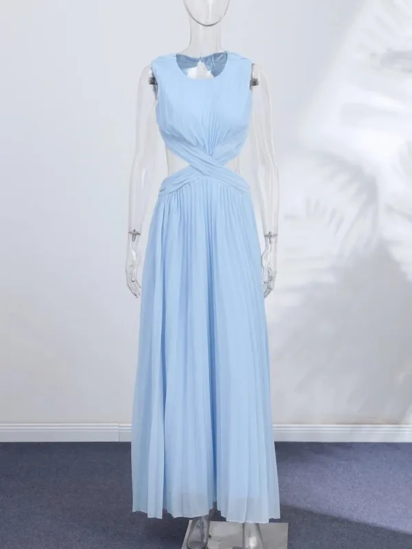 Hollow-out Pleated Maxi Dresses Women's Sleeveless Backless Waist-cinching O-neck Dress 2026 New Ladies Summer Vacation Outfit — image 5