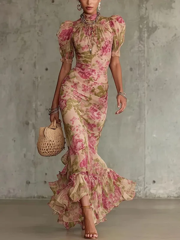 Organza Floral Printed Maxi Dress Fashion V-neck Puff Sleeve 2026 Spring/summer Romantic Women Party Gown Elegant Lady Vestidos — image 18
