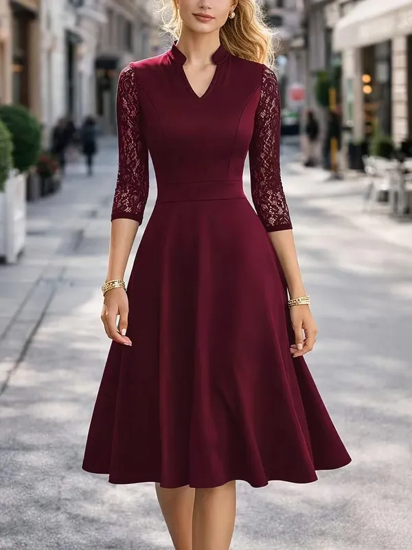 Women Sexy V-Neck Lace 2/3 Sleeve Summer Work Office Knee Length Base Show Thin Temperament Fit And Flare Swing A-Line Dress