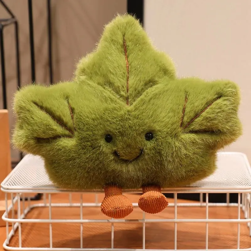 Cute Maple Leaf Plush Pillow Stuffed Red Green Plant Cushion with Legs Smiling Face Cute Plushie Sofa Chair Decor Gift