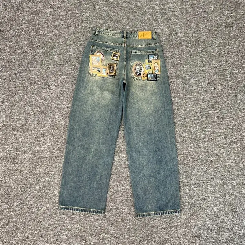 Heavy Embroidery Flowers Derschutze Mens Jeans Men Women 1:1 Best Quality Vintage Derschutze Womens Straight-leg Denim Pants