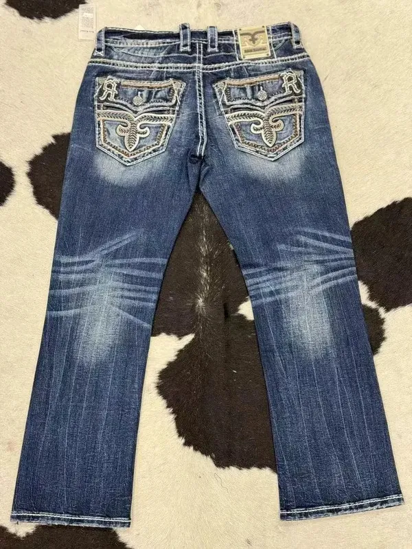 Retro trendy brand washed high elastic wide leg flared jeans Y2K summer blue embroidery American Gothic new fashion heavy street