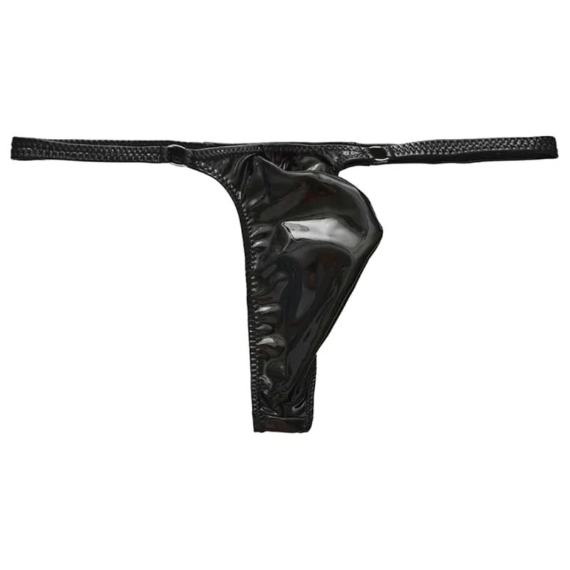 String en cuir brillant pour hommes, 1 pièce, avec anneau en métal, tongs, pochette bombée Gay, taille basse, sous-vêtements extensibles, exposant les fesses, Sexy