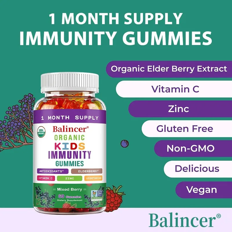 Organics Immunity Gummies for Kids with Vitamin C Zinc Elder Berry Extract Antioxidant & Overall Wellness Non-GMO Gluten Free