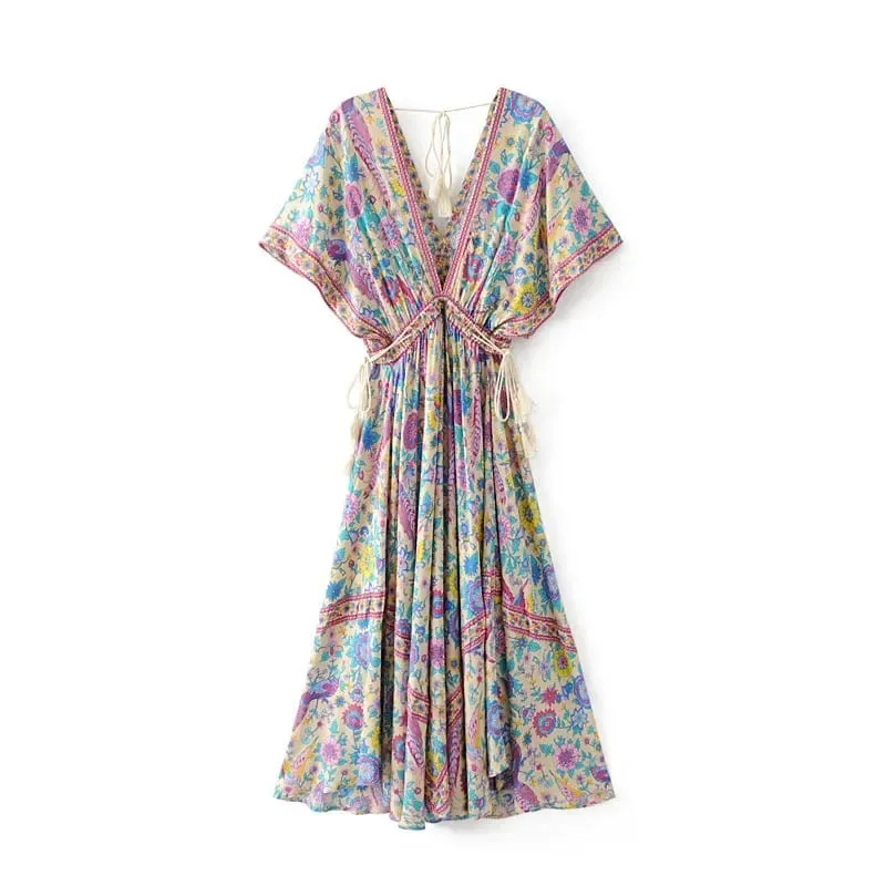 Đời Boho Hoàng Hậu Nữ Con Công In Hoa Tay Cánh Dơi Đi Biển Bohemia Đầm Maxi Nữ Cổ V Tua Rua Mùa Hè vestidos — image 3