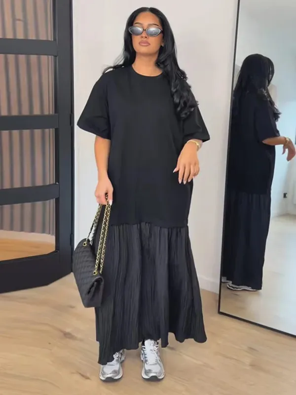 Short Sleeve Patchwork Oversized Long Dress Women Elegant O-neck Pleated Loose Party Evening Dresses Summer Casual Lady Vestidos — image 4
