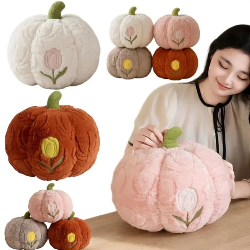 Cute Pumpkin Throw Pillow With Tulip Embroidery Soft Plush Pumpkin Shaped Cushion Pillow For Sofa Living Room Hallowmas Gifts — image 2