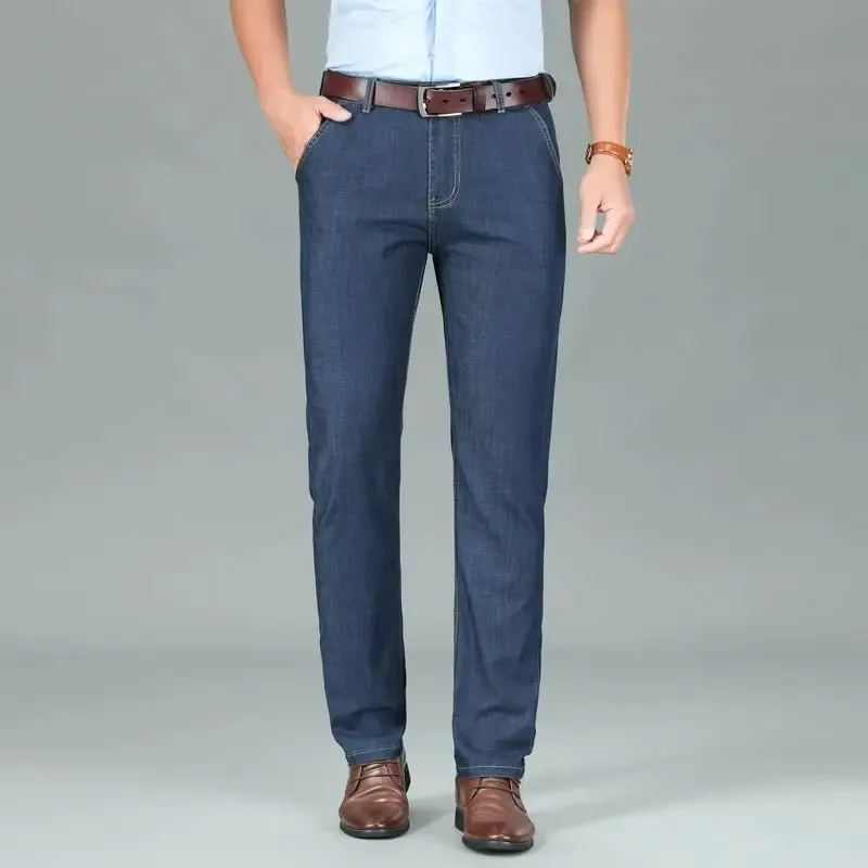 2026 New Seasons Lightweight Fit Straight Men's Jeans Classic Business Clothes Thin Cotton Elastic High Waist Casual — image 4