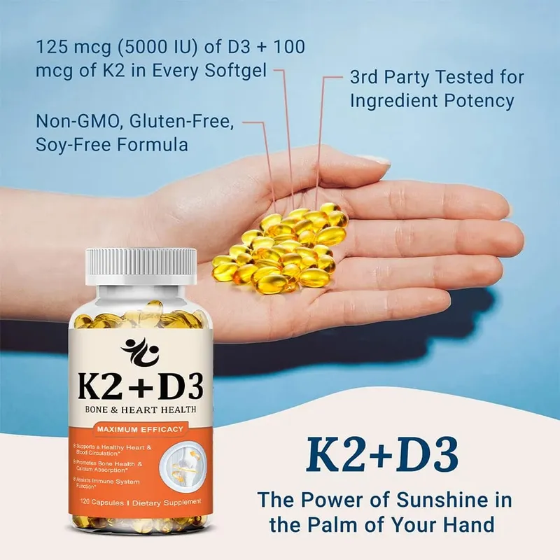 Vitamin D3 + K2 Capsules Support Calcium Absorption Bone & Joint Wellness Cardiovascular Function and Immune System Health