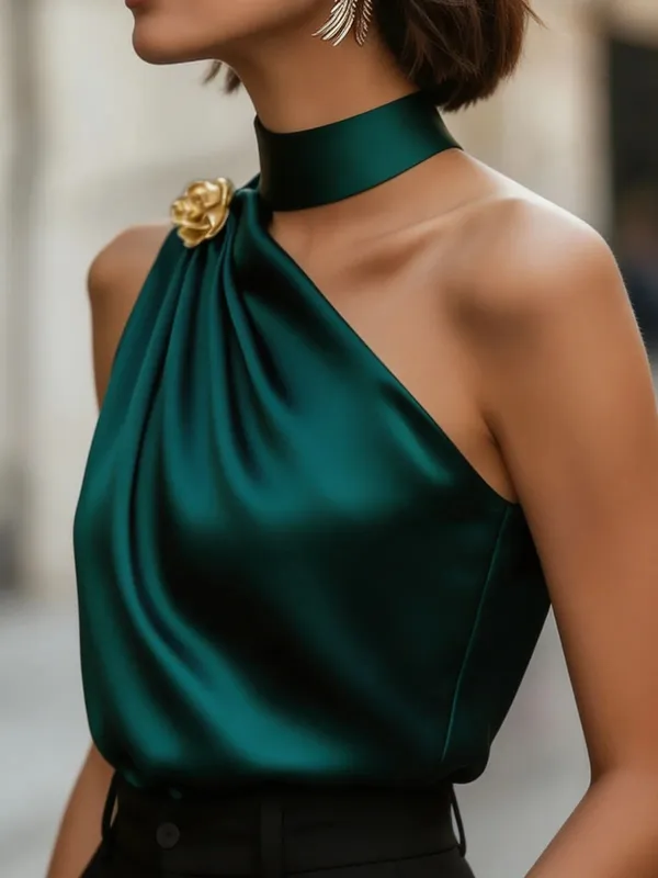 Chic Halter One Shoulder Satin Draped Dark Green Blouse Sleeveless Top For Party & Office Women