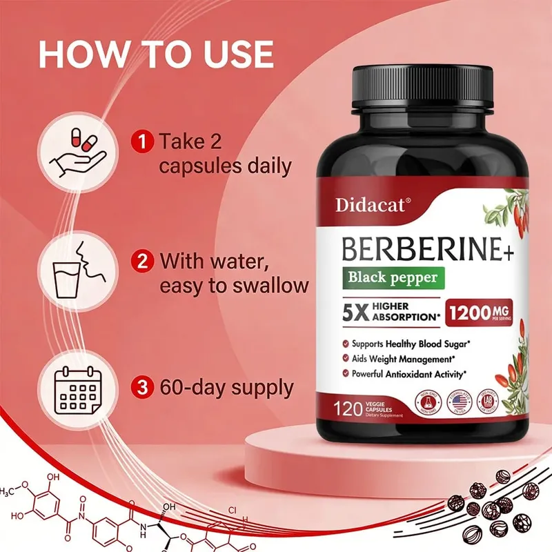 1200 mg Premium-Berberin-Ergänzungskapseln unterstützen das Immunsystem, Herz-Kreislauf, Herz und Magen-Darm-Wohlbefinden