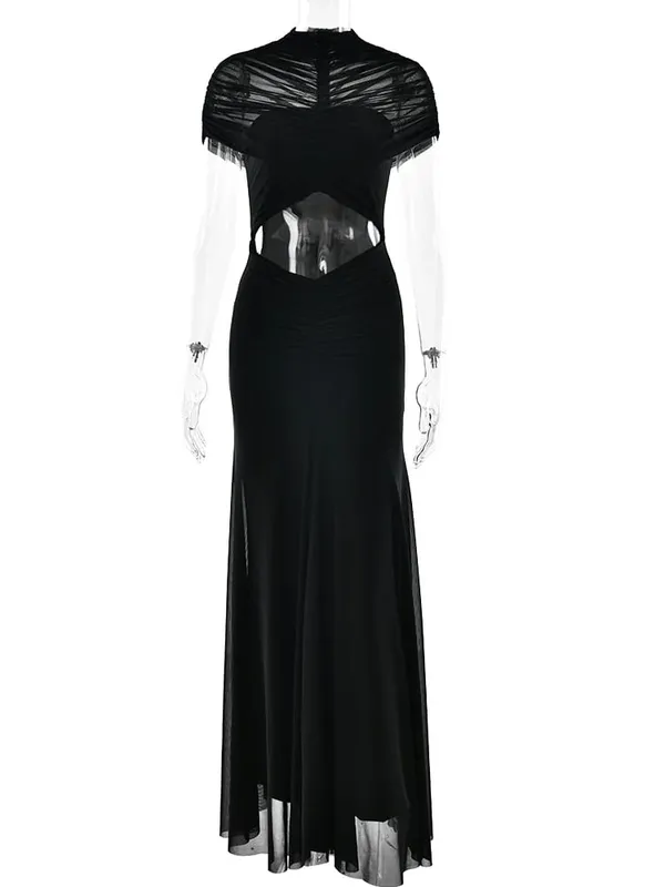 MO Sexy Hollow Out Turtleneck Women Maxi Dress Coffee Short Sleeve See Through Mesh Bodycon Elegant Party Evening Dress — image 6