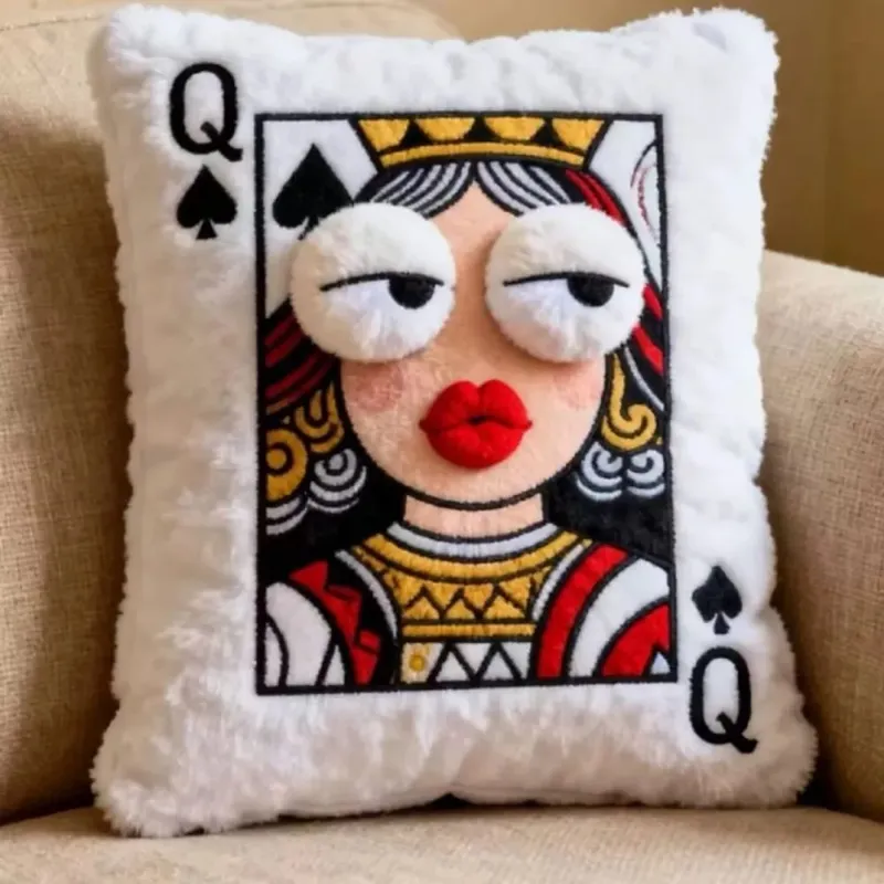 Patchwork Style Poker Card Cushion 3D Big Eyes High-Value Design Embroidered Pillow Card Game Theme Patchwork Pillow Home Decor — image 9