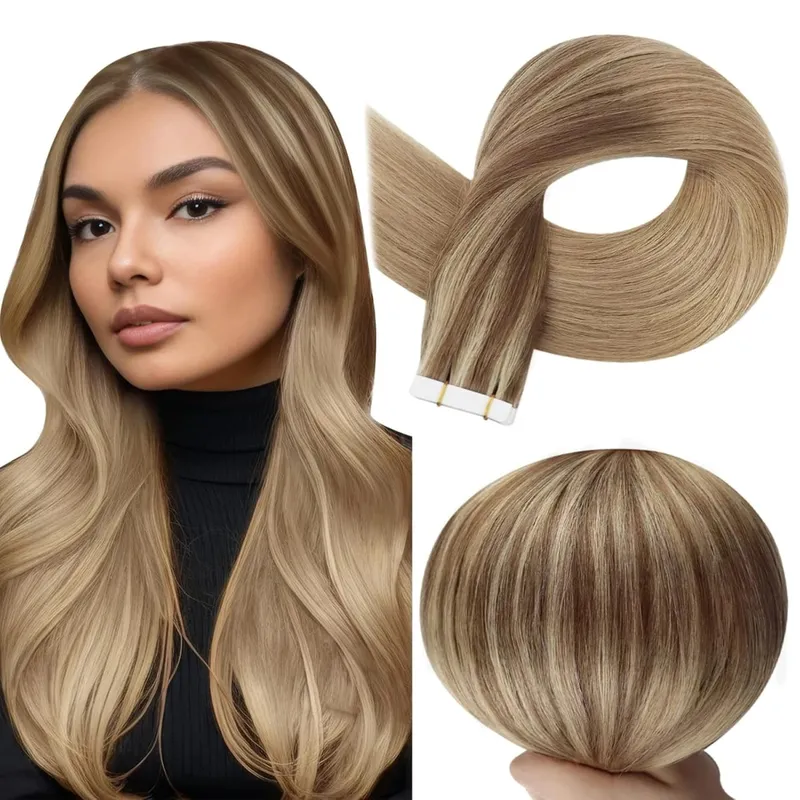 Full Shine Tape in Hair Extensions Balayage Tape ins Human Hair Extensions 20Pcs 50G Ombre Seamless Remy Skin Weft Hair