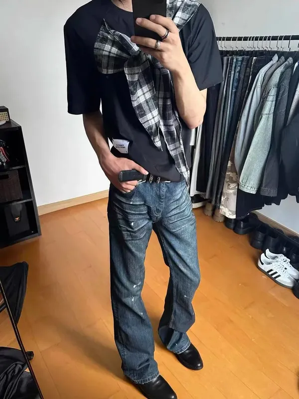 Cleanfit Style Heavyweight Bootcut Men's Jeans Faded Dyeing Slim Fit Distressed Long Trousers Casual Fashion — image 2