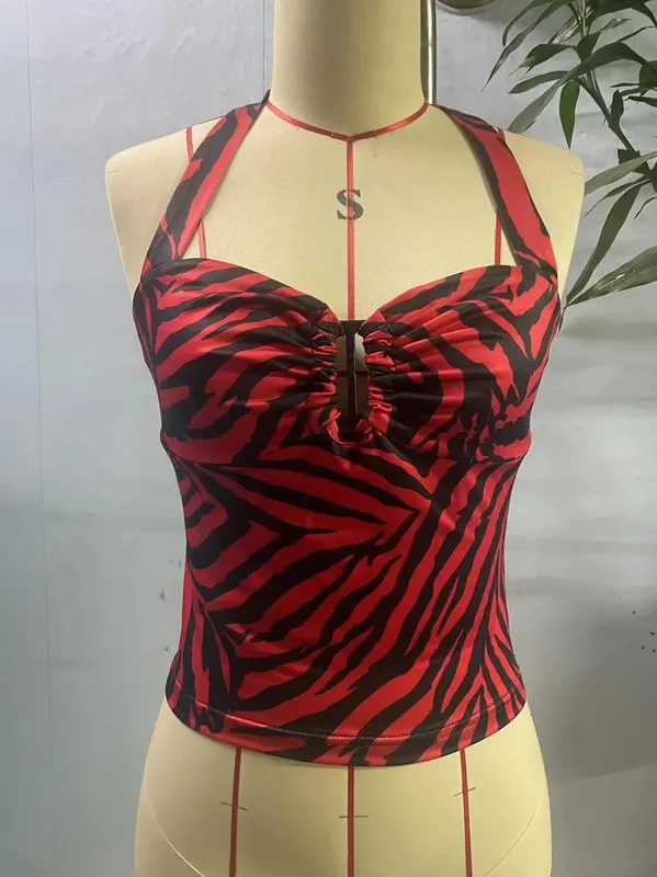 Red Black Stripe Halter Top for Women Sexy Hollow Out Backless Sleeveless Waist Cinched Camisole Summer Vintage Cosplay Costume — image 8