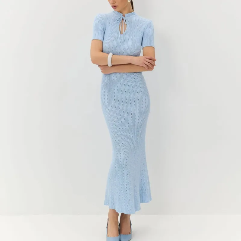 New Knitted Short Sleeve Long Length Waist Bodycon Fishtail Dress Female Hollow Out Lace Up Ribbed Patchwork Elegant Dresses — image 8