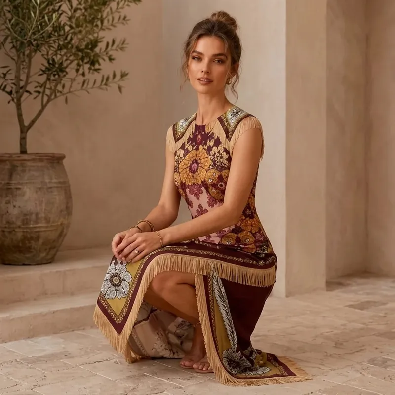 Vintage Bohemian Scarf Print Midi Dress Women Elegant Floral Sleeveless Wrap Dress Summer Asymmetrical Handkerchief Hem Fringe — image 4