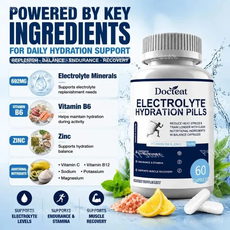 Electrolyte Hydration Capsules with Vitamin B6 & Zinc for Hydration Endurance & Muscle Recovery Support 60 Capsules — image 3