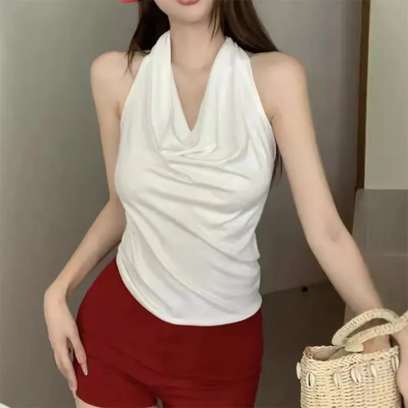 1pcs Girls Solid Simple Vests Female Casual Cool Sexy Beautiful Tank Tops Summer Travel Women's Thin Halter Vest Sleeveless Tees — image 4