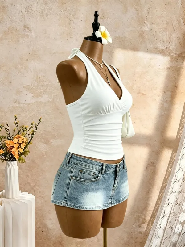 Women Halter Deep V Cross Wrap Side Ruched Slim Crop Camisole 2026 Summer Y2K Solid White Sleeveless Casual Daily Tank Top — image 4