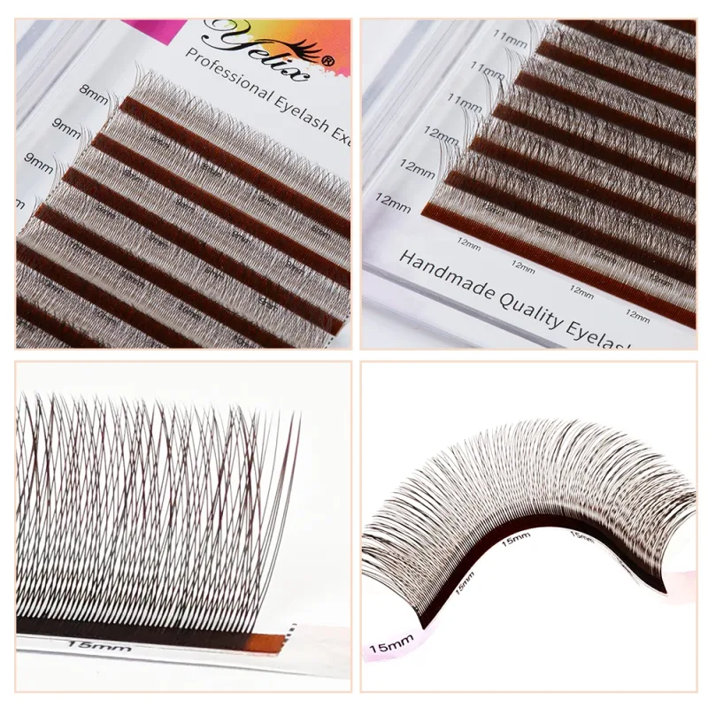 Yelix Brown 2D Y Premade oční řasy Prodlužování řas s jednou špičkou Přirozené Husté Měkké Bez uvolnění Kořen Snadné Fan Salon Lash Cilios Y