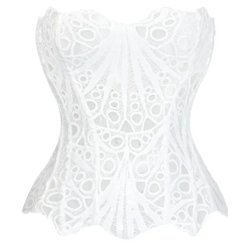 Bustier Back Tie Hollow Out Corset Top Irregular Hem Fishbone Lace Corset Mesh Splicing Women Underwear Clubwear