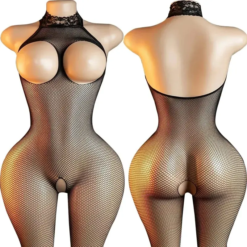 Black Fishnet Off-Shoulder Open-Crotch Bodystocking Lingerie Set Sexy Crotchless Teddy Bra Women's Erotic Underwear 2026 — image 18