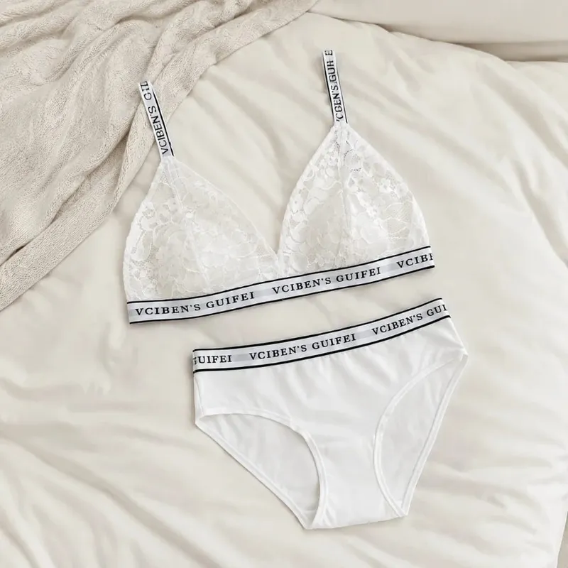 Comfortable Letter Design Lingerie Set Lace Wireless Women Underwear Suit Deep V Color Blocking Bra Panties Set Girl — image 3