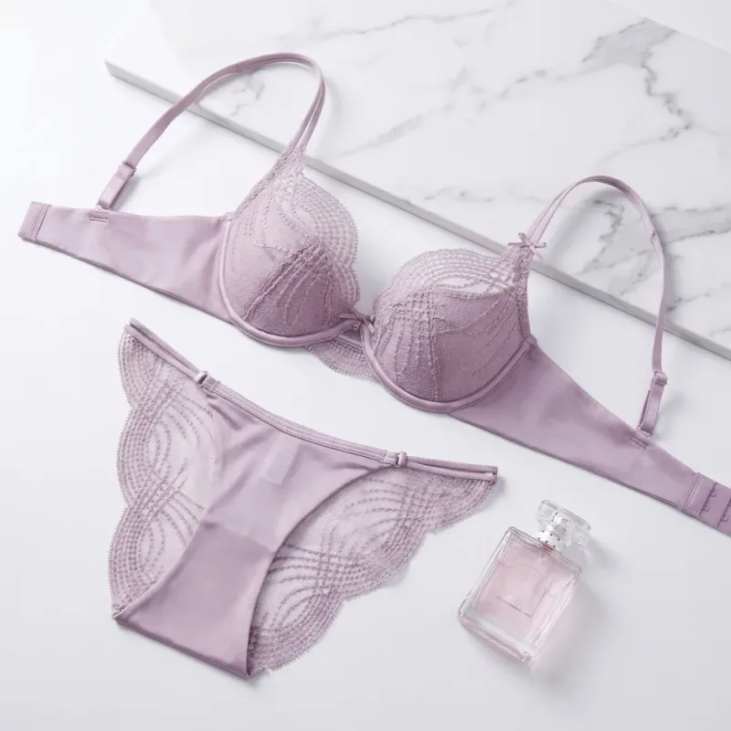 Hollow Thin Cup Women Lingerie Set Seamless Silk Satin Lace Embroidery Lingerie French Style Push Up Bra Set Women Intimates — image 2