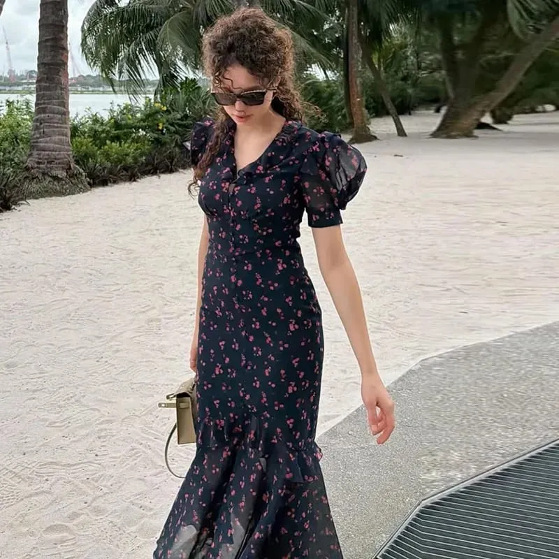 Sexy Print Women Long Dress Urban V-neck Single Breasted Ruffles Half Sleeve Female Dresses 2026 Spring Autumn Lady Robe — image 10