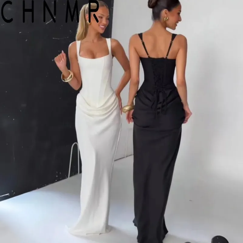 Sexy Backless Ruched Maxi Dress for Women U-neck Sleeveless Bandage Bodycon Black Long Dresses Lady Evening Party Gown — image 1