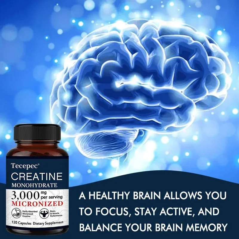 Creatine Monohydrate 3000 mg Capsules Supports Pre-Workout and Healthy Muscles Focus & Memory Easy to Absorb Easy to Swallow
