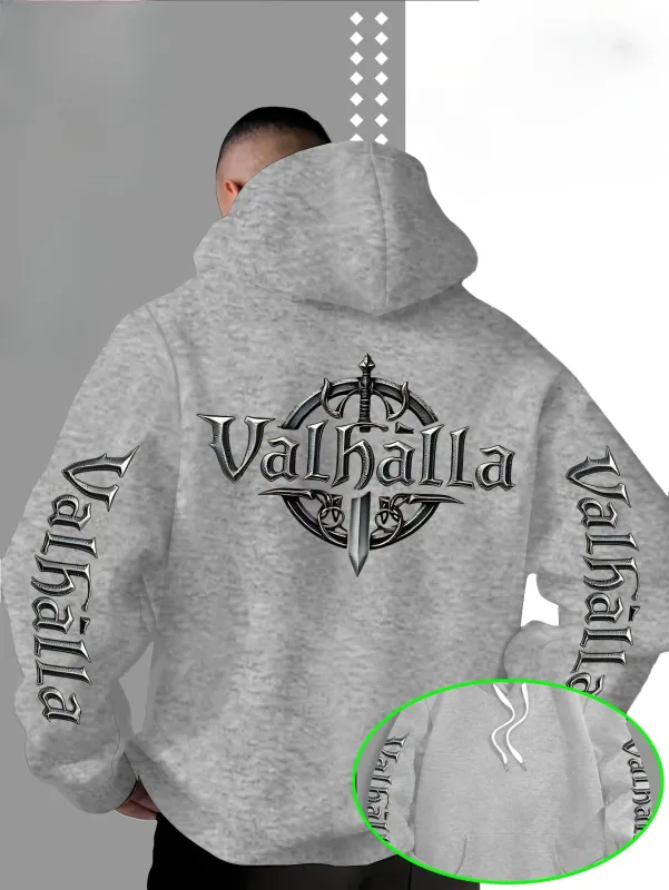 Sweat à capuche ample Viking Valhalla avec logo imprimé en forme d'épée pour homme, adapté pour l'automne et l'hiver. — image 3
