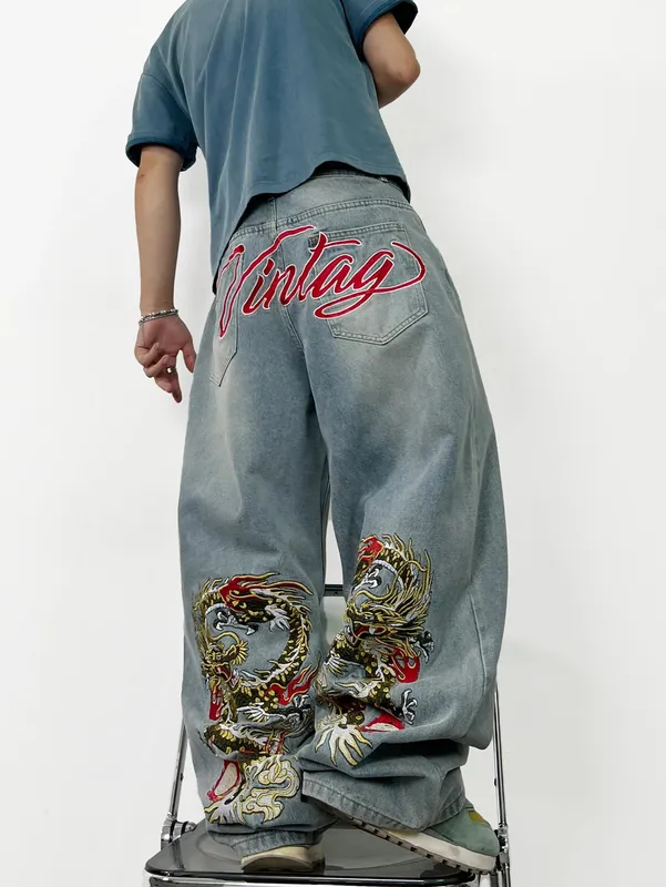 American Retro Dragon Art Embroidery Blue Baggy Jeans Men's Y2K Washed Street Hip-Hop Fashion Versatile Straight Wide-Leg Pants