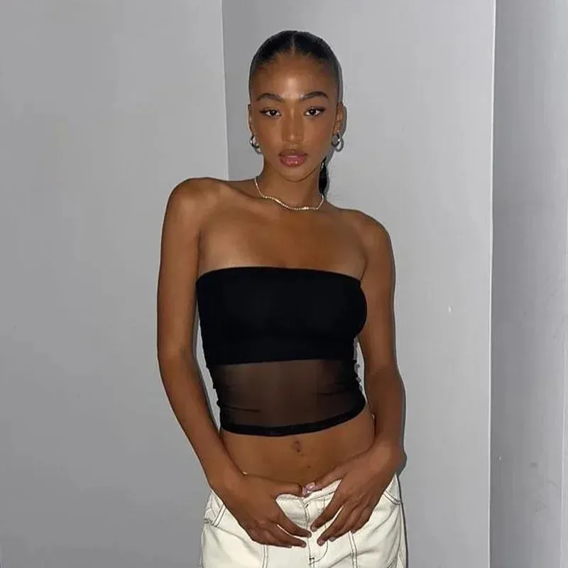 Mesh Corset Black Crop Top Women Patchwork Tube Top Sexy Sleeveless Off Shoulder Cami Summer Streetwear Slim Strapless Tank Tops — image 3