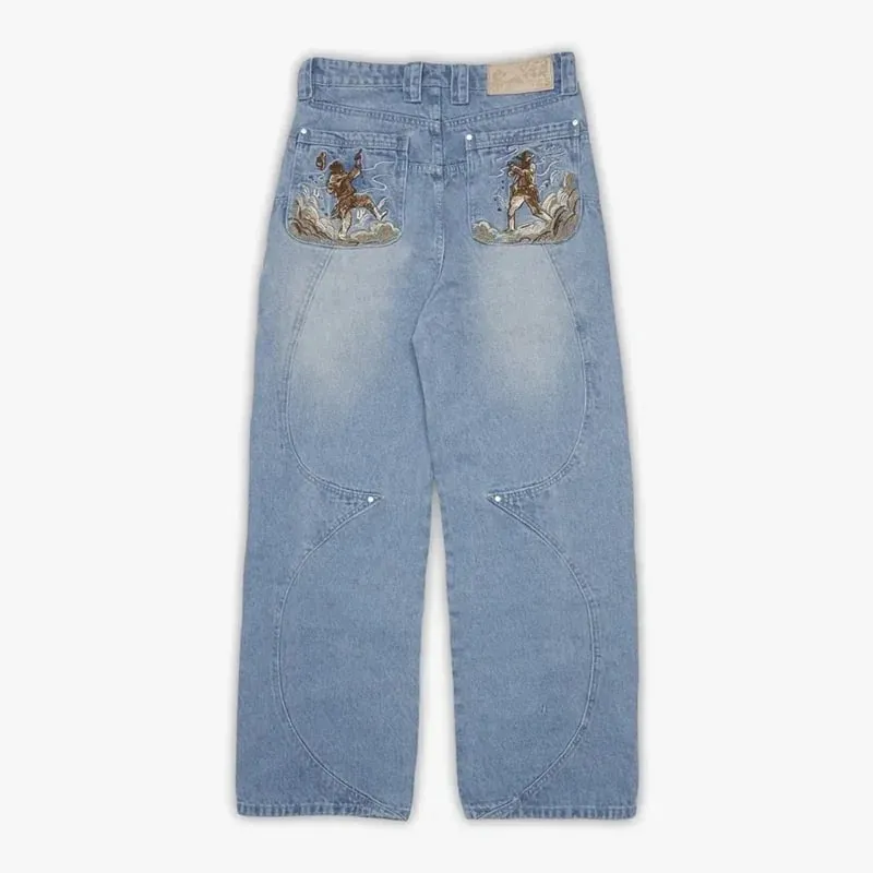 Men Black Baggy Jeans with Warrior Embroidery Pockets Wide Leg Denim Pants Y2K Streetwear Hip Hop Trousers — image 7
